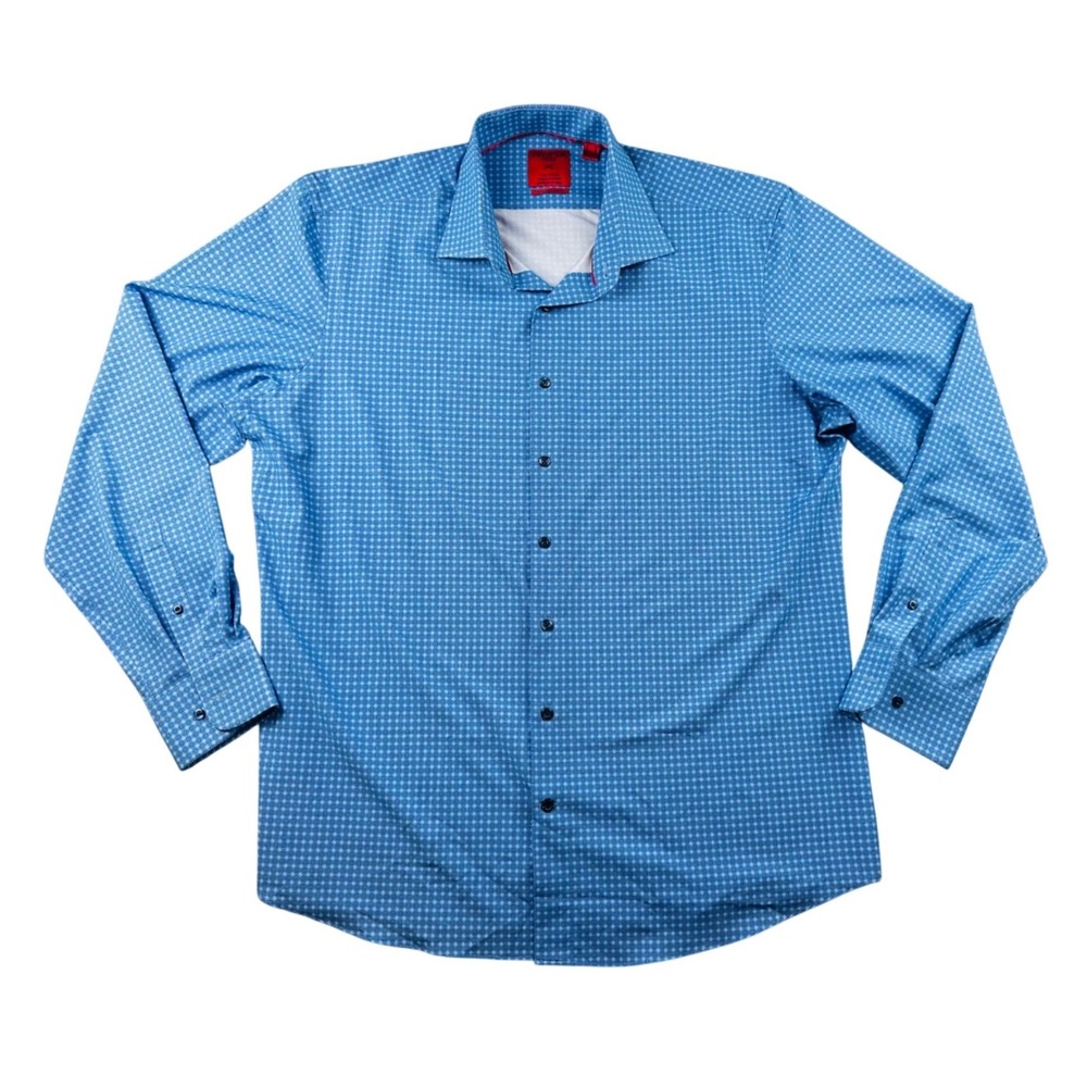 Proper Sport Shirt Men XL Blue Check Contemporary Fit 4-Way Stretch Button Front